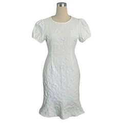 Floral Jacquard Dress Short Puff Sleeve Crew Neck Ruffle Hem Bodycon Dresses