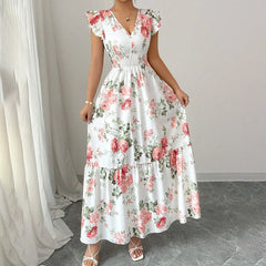 Womens Casual Maxi Dress Flutter Short Sleeve V Neck Smocked A Line Flowy Beach Vacation Long Dresses