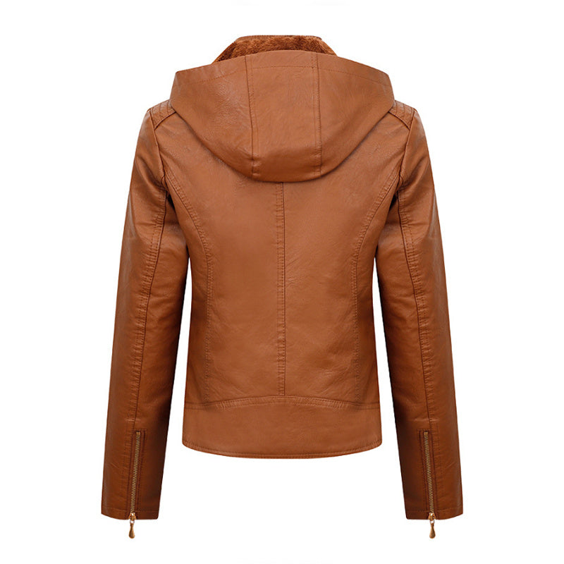 Plush Thickened Hooded Coat Slim Zipper Leather Jacket With Pockets Long Sleeve Outwear Tops For Womens Clothing