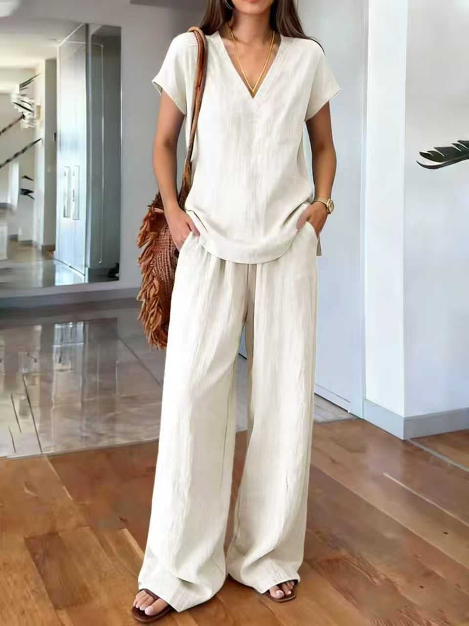 V-neck Short-sleeve T-shirt And Wide-leg Pants Womens Suit