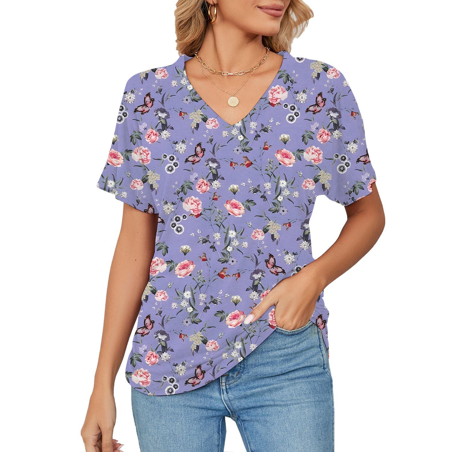 T-shirt, Natural Plant And Floral Print, Casual V-neck Short Sleeves