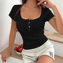 Lace-trimmed Button V-Neck Short-Sleeve Slim-fit Long-Sleeve Top