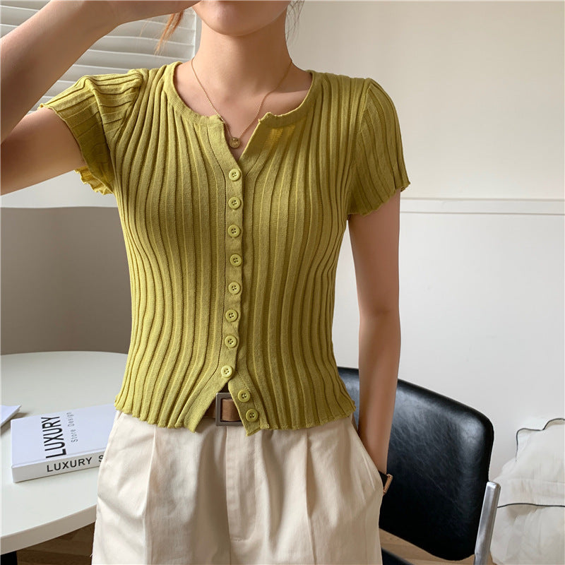 Style High Waist Cropped Short Slim Top Short Sleeve Knitted Cardigan