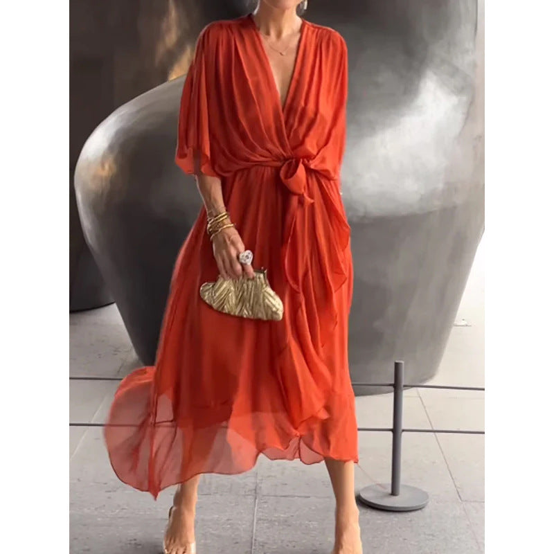 Batwing Sleeve V-neck Dress Pure Color Tied Irregular Long Dresses Womens Clothing
