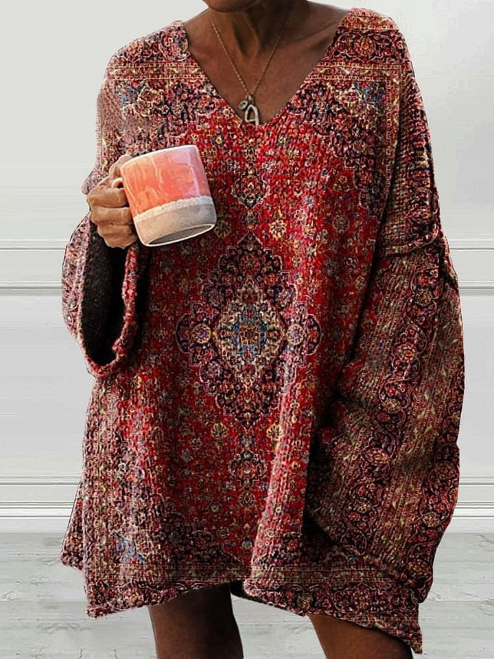 Elegant Digital Printing Casual Loose Sweater Dress