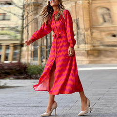 Printed Lace-Up Contrast Boho Slit Dress