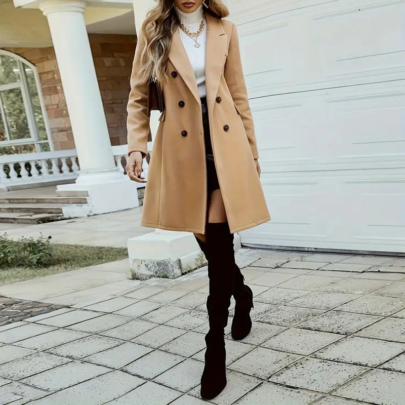 Solid Color Double-Breasted Wool-Like Coat Notch Lapel Long Sleeve Mid-Length Overcoat With Pockets