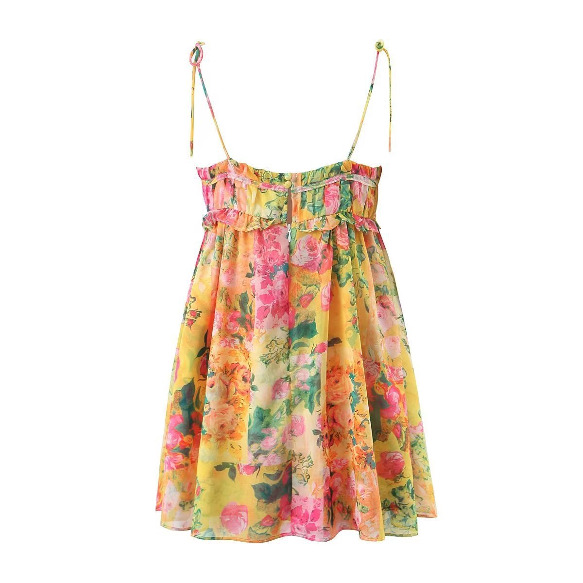 Y2K Flowers Print Suspender Dress Ruffled Holiday Beach Short Dresses Womens Clothing