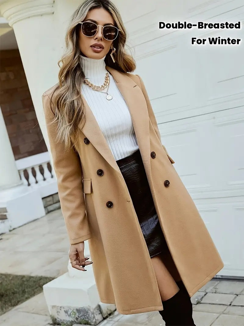 Solid Color Double-Breasted Wool-Like Coat Notch Lapel Long Sleeve Mid-Length Overcoat With Pockets