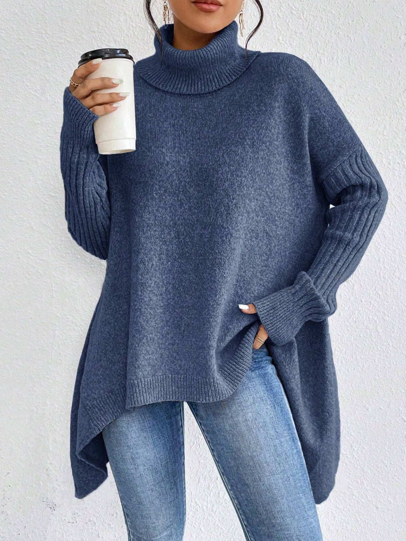Irregular Turtleneck Sweater Loose Long Sleeve Knitted Tops Leisure Warm Pullover Sweater Clothing