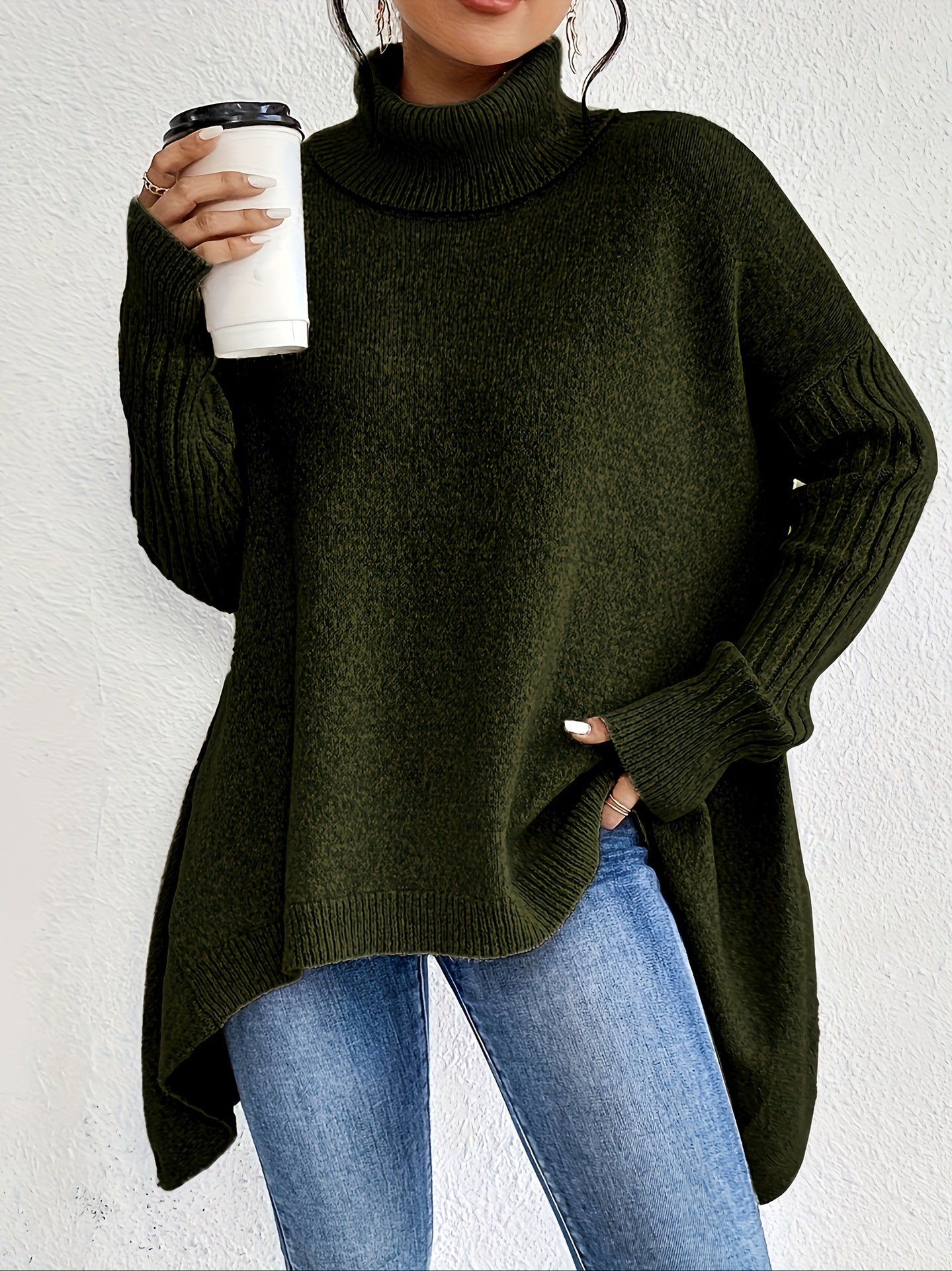 Irregular Turtleneck Sweater Loose Long Sleeve Knitted Tops Leisure Warm Pullover Sweater Clothing
