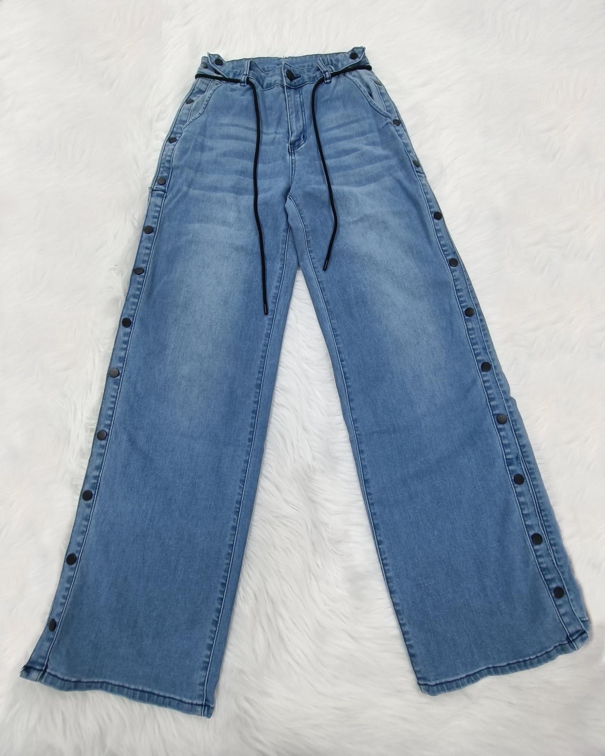Straight Leg Wide Legs High Waist Baggy Snap Button Side Jeans
