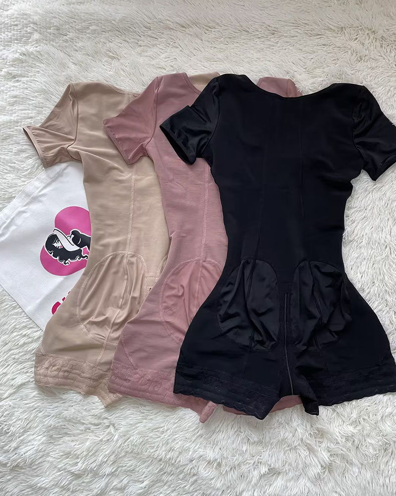 Short Sleeve Tummy Control Fajas Shapewear With Zipper