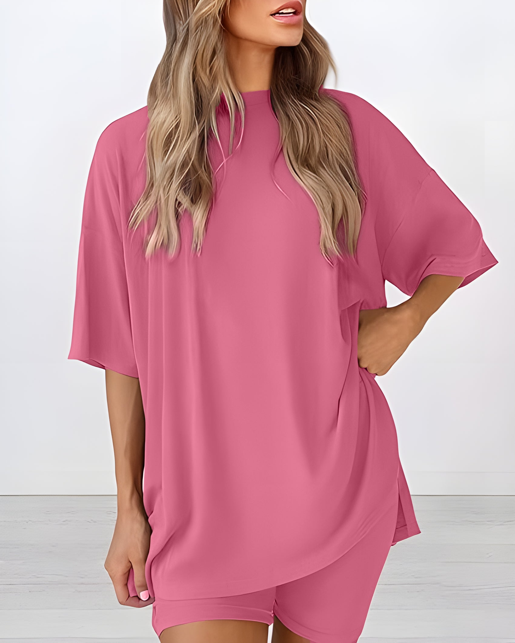 Summer Casual Two-Piece Lounge Set Oversized Split Hem Shirt