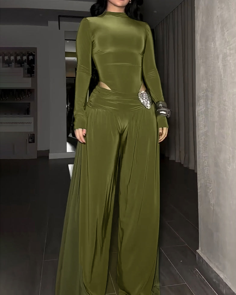 Long-Sleeved Wide-Leg Slim Fit Two-Piece Set