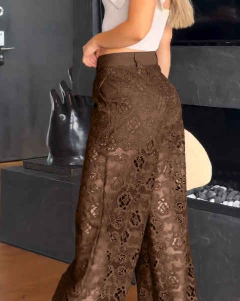 See Through Lace Slim Straight Leg Pants