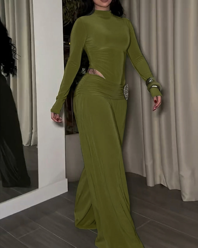 Long-Sleeved Wide-Leg Slim Fit Two-Piece Set