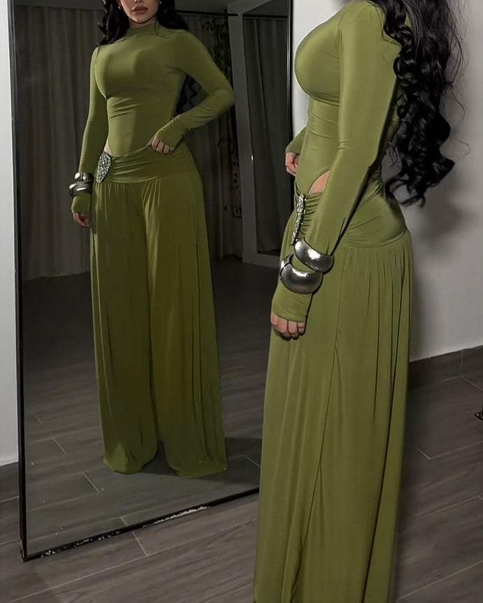 Long-Sleeved Wide-Leg Slim Fit Two-Piece Set