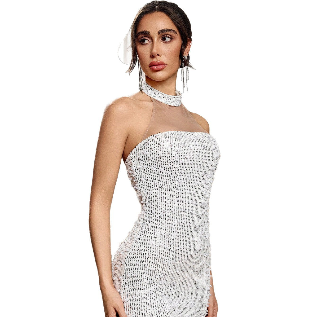 Solid Color Hollow-out Lace Evening Dress
