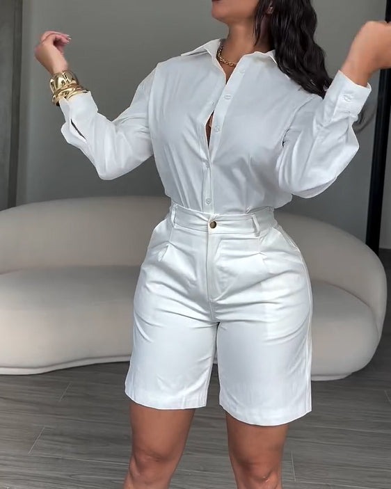 2 Piece Sets For Elegant Button-Down Shirt Paired with Tailored Bermuda Shorts