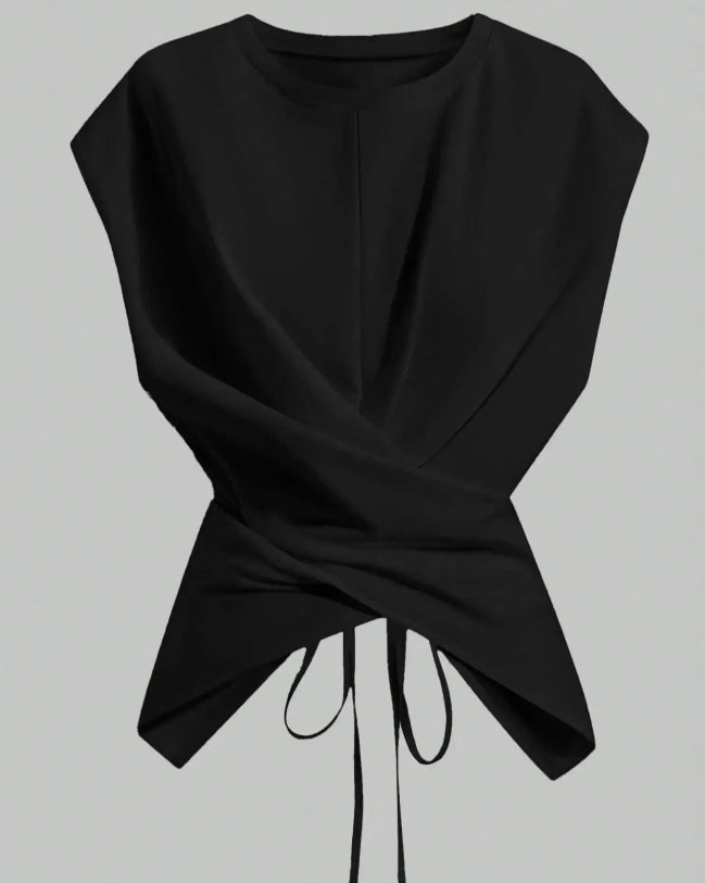 Casual Asymmetrical Criss Cross Back Tie Top For Knitted Round Neck Drop Shoulder Sleeve T-Shirt