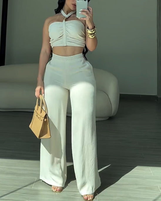 2 Piece Braided Trim Two Piece Outfit with Flared Trousers