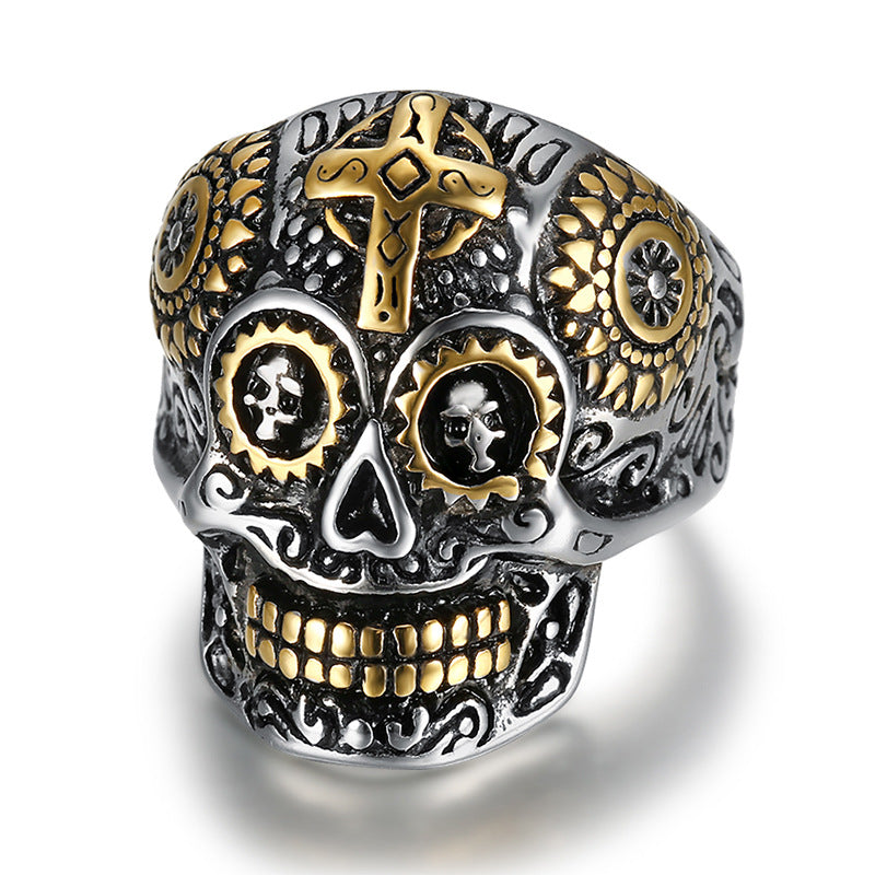 Cross-Motif Metal Sugar-Skull Design Ring
