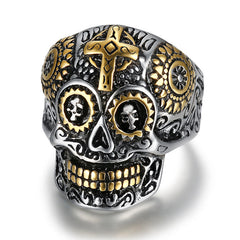 Cross-Motif Metal Sugar-Skull Design Ring