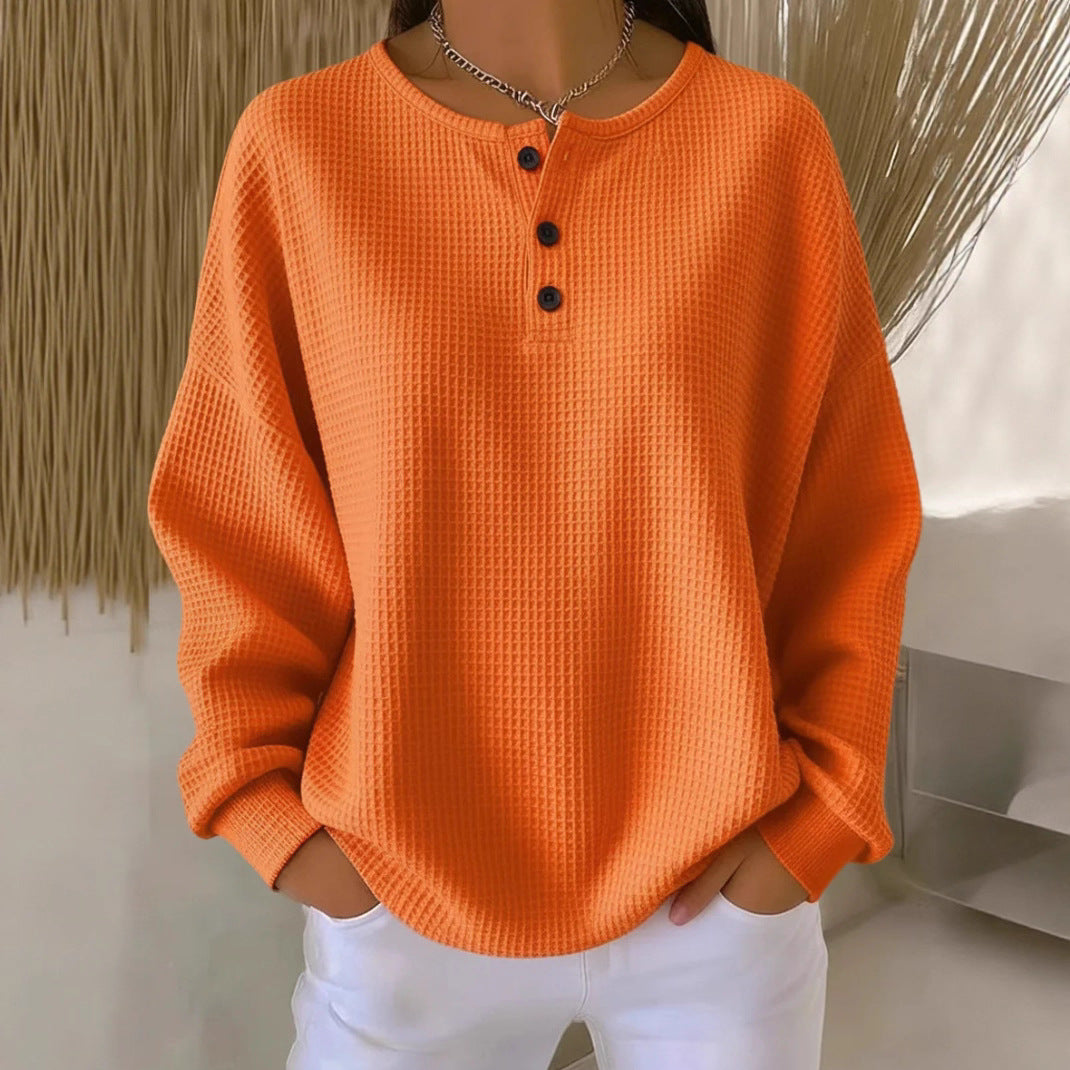 Ins Waffle Long-sleeved T-shirt Solid Color Buttons Round Neck Pullover Top Clothing