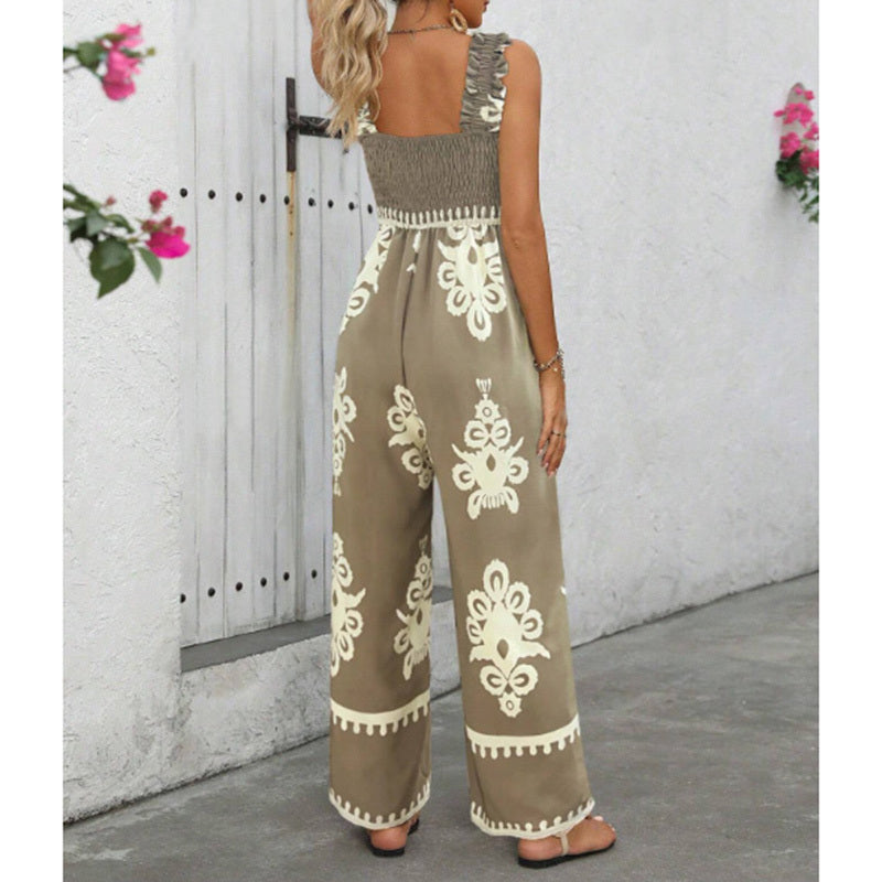 Boho Jumpsuits One Piece Beach Vacation Outfits Shirred Strap Wide Leg Pants Rompers With Pockets