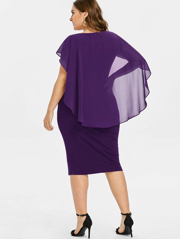 Round Neck Short Sleeve Chiffon Shawl Tight-Fitting Plus Size Dress Women