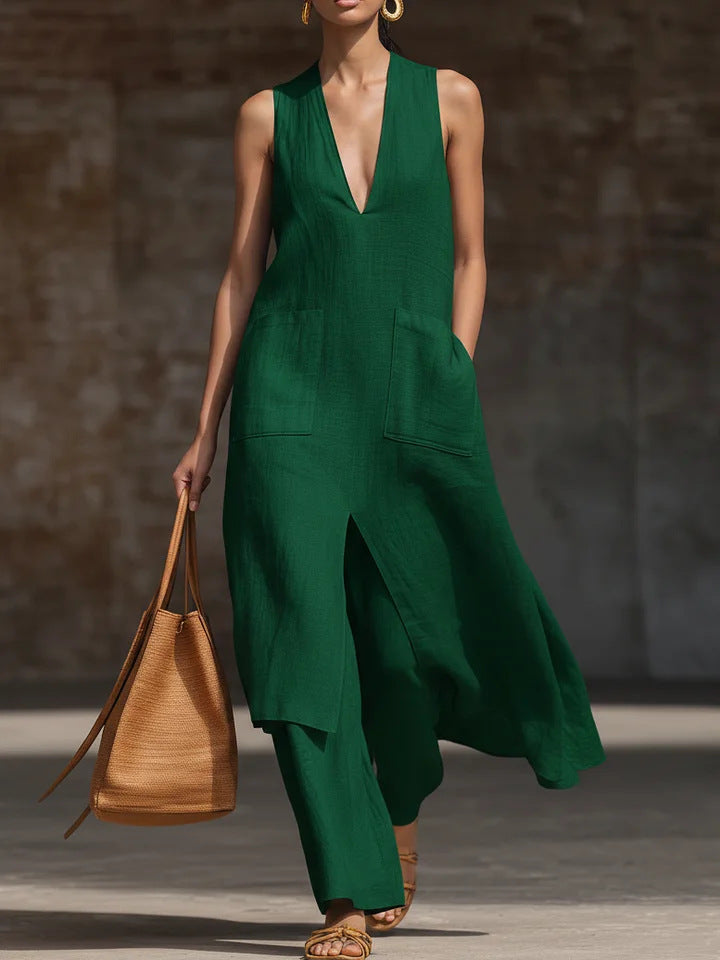 Casual Style V-Neck Sleeveless Dress Set