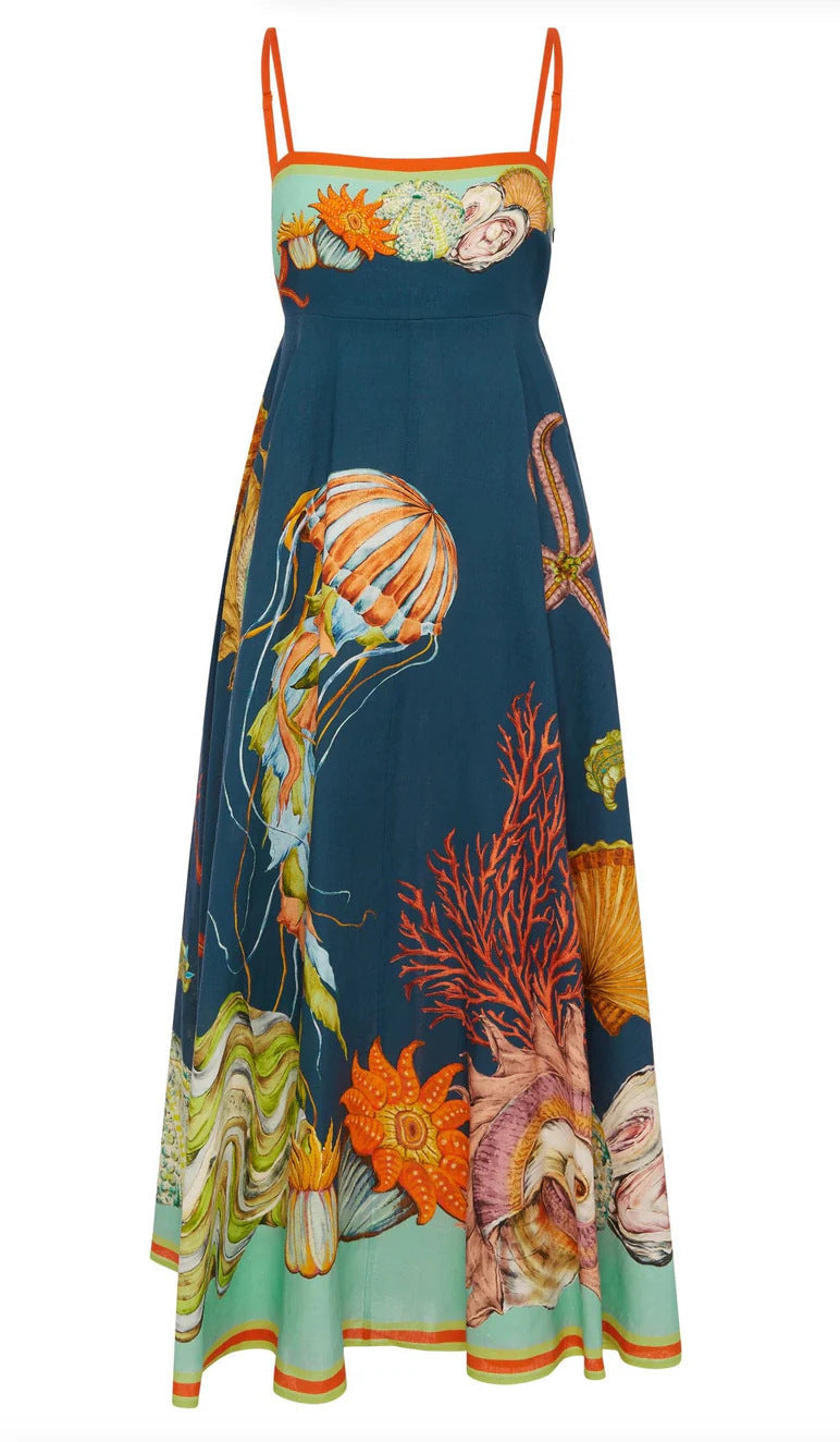 High-waisted Cotton-linen Printed Camisole Casual Dress