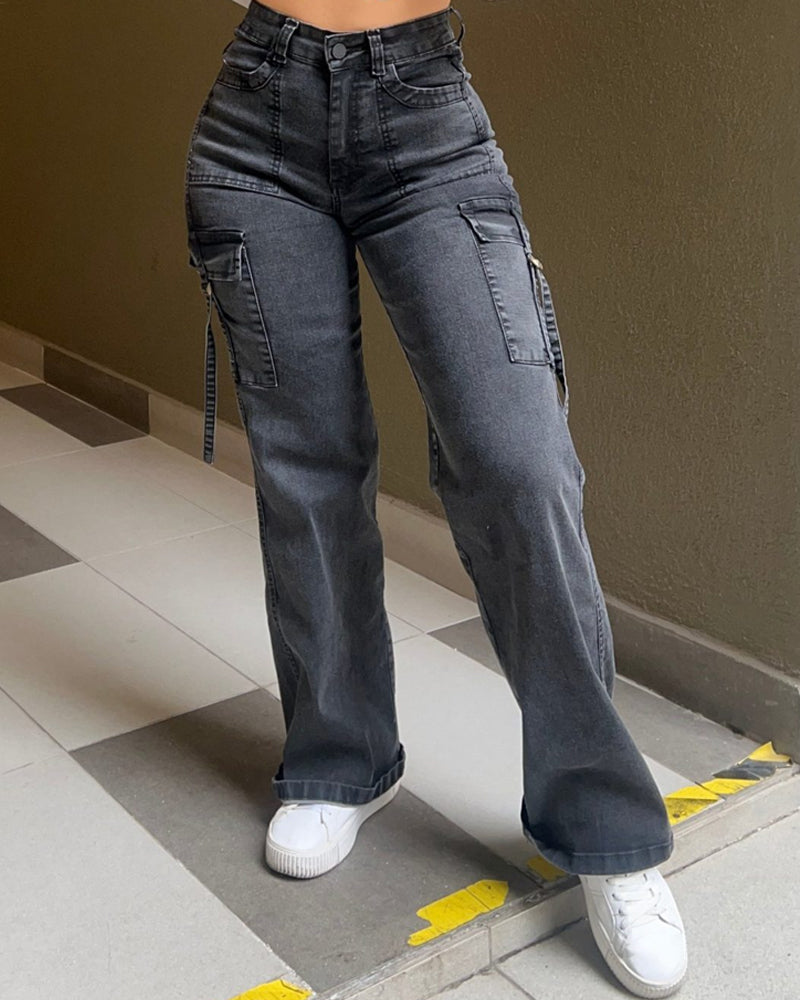 High Waist Cargo Jeans Flap Pocket Wide Leg Denim Pants