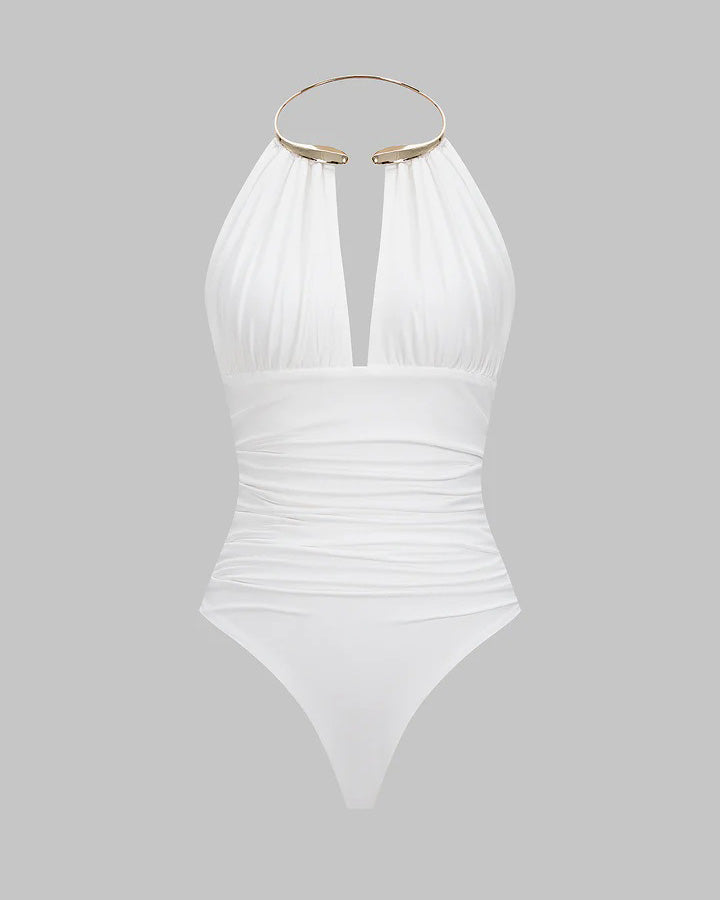 Metallic Decor Halter Neck Ruched Sleeveless Backless Bodysuit