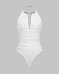 Metallic Decor Halter Neck Ruched Sleeveless Backless Bodysuit
