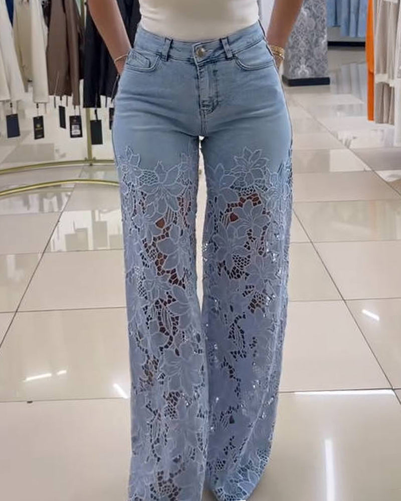 New See Through Lace Slim Straight Leg Jeans
