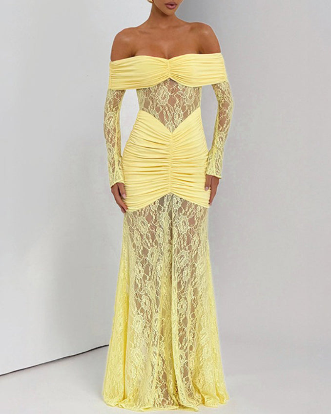 Lace Off-Shoulder Slit Long-Sleeved Dress