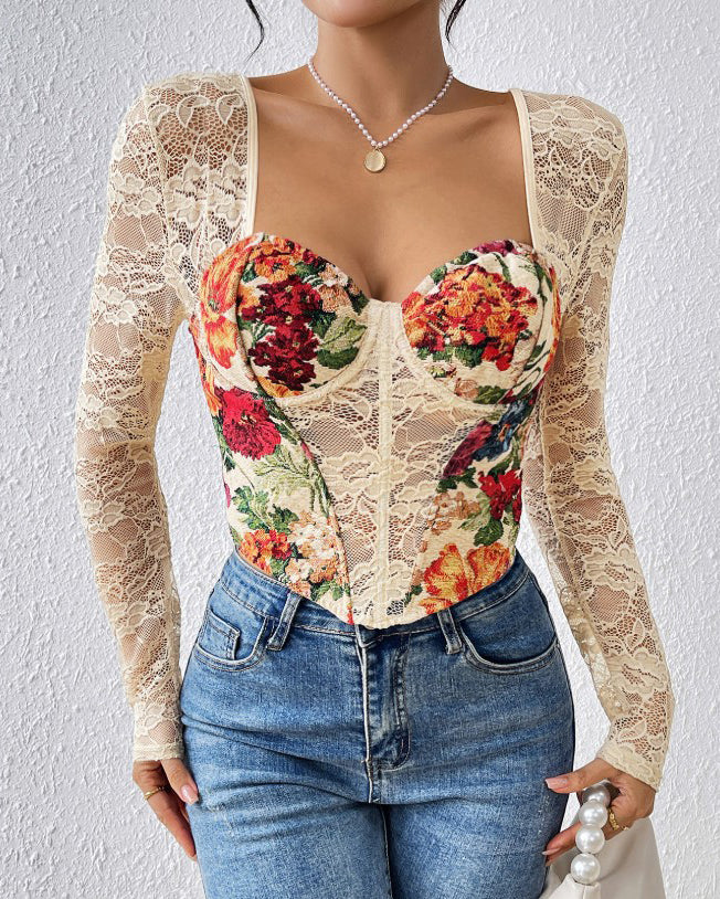 Printed Lace Panel Long Sleeve Corset Top