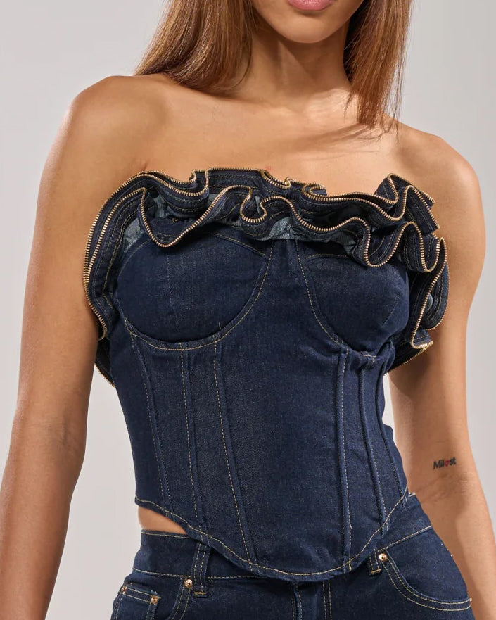 Wavy Ruffle Top For Demin Corset With Zipper (Pre-sale)