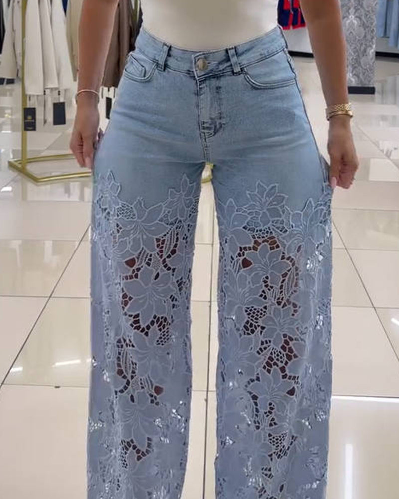 New See Through Lace Slim Straight Leg Jeans