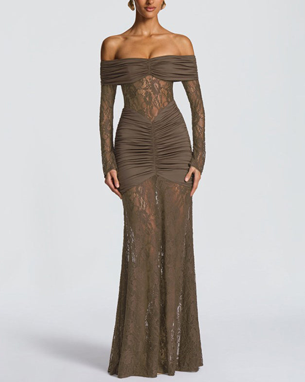 Lace Off-Shoulder Slit Long-Sleeved Dress