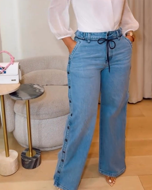 Straight Leg Wide Legs High Waist Baggy Snap Button Side Jeans