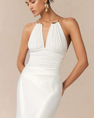 Metallic Decor Halter Neck Ruched Sleeveless Backless Bodysuit