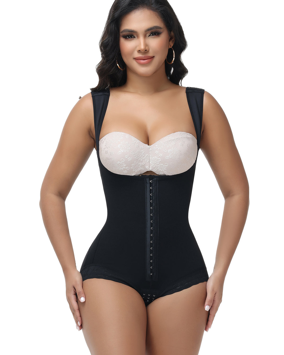 Short One-Piece Eye N Hook Shapewear With Wide Straps Tummy Control Fajas Butt-Lifting Slimming Bodysuit