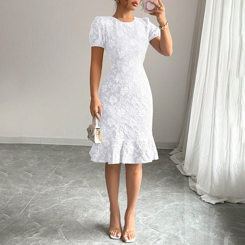 Floral Jacquard Dress Short Puff Sleeve Crew Neck Ruffle Hem Bodycon Dresses