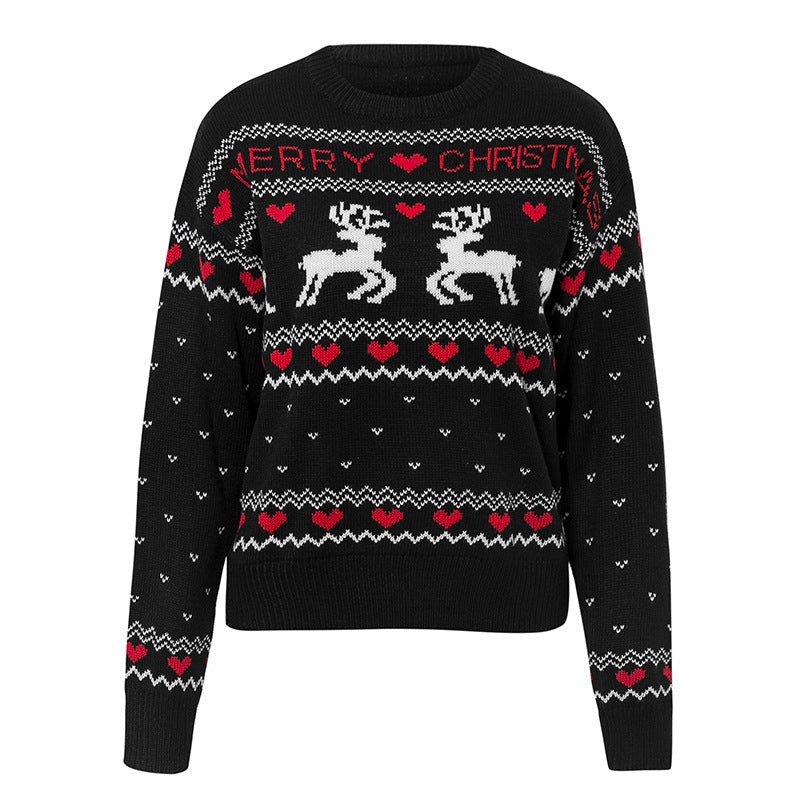 Cute Elk Heart Print Sweater Pullover Christmas Knitted Sweater Tops
