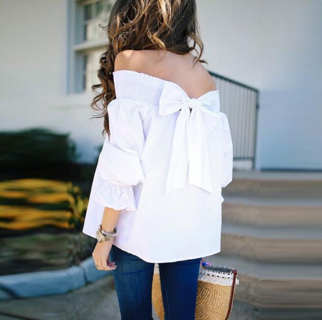 Off Shoulder Tops Spring Strapless Blouse Bowknot Slash Neck Shirts Casual Loose Blusas Plus Size