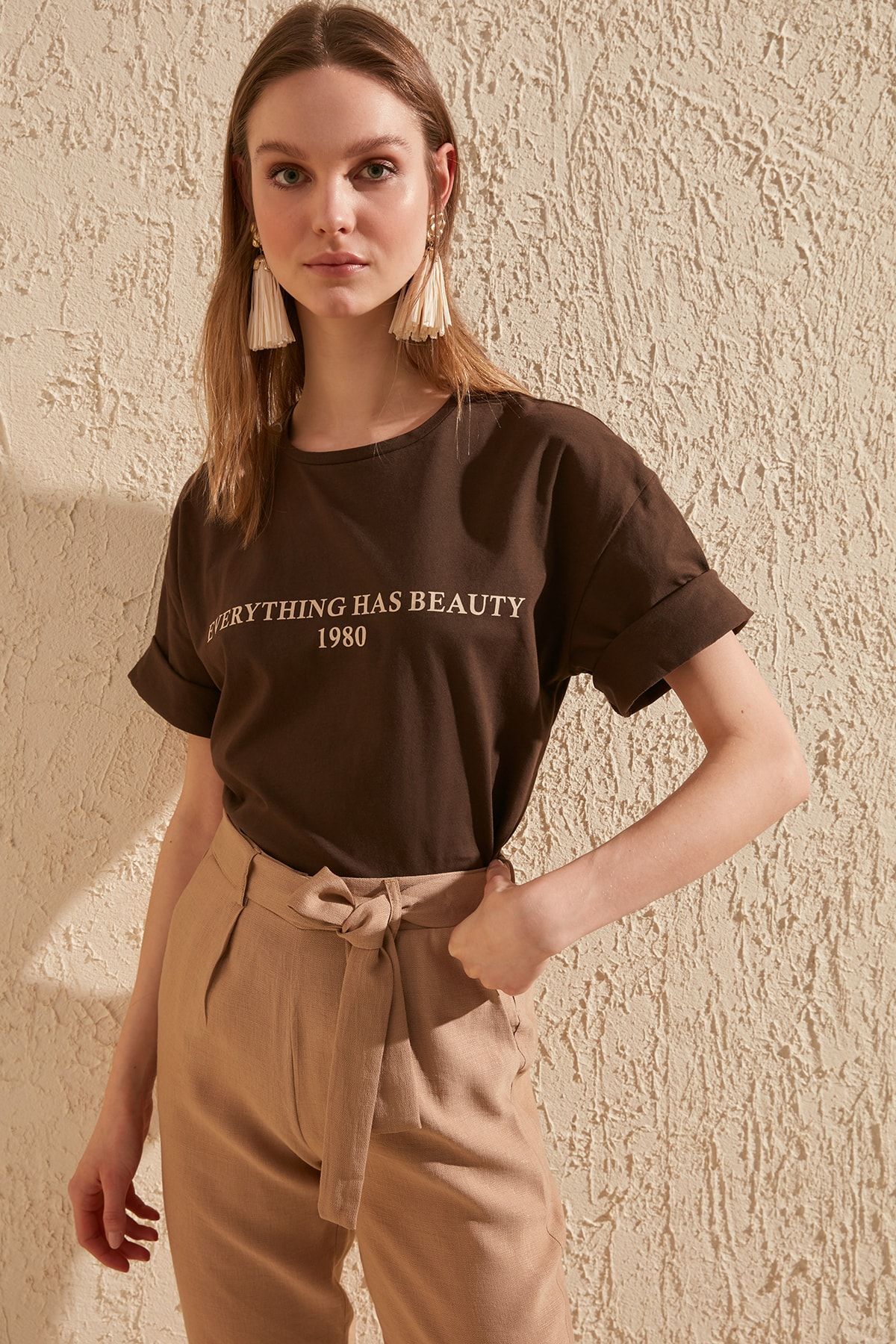 cotton t-shirts brown Printed top