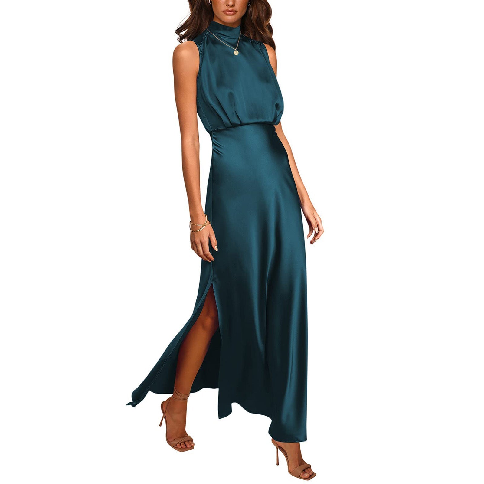 Satin Stand Collar Dress â€?Elegant High-Neck Silky Style